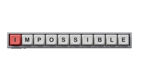 impossible.Computer keyboard keys spelling.Flat lay view from above on white background with...