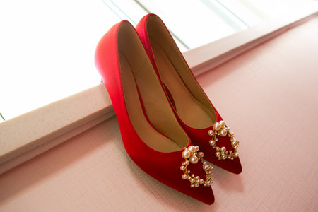 A pair of weddiing shoes for the brideの写真素材