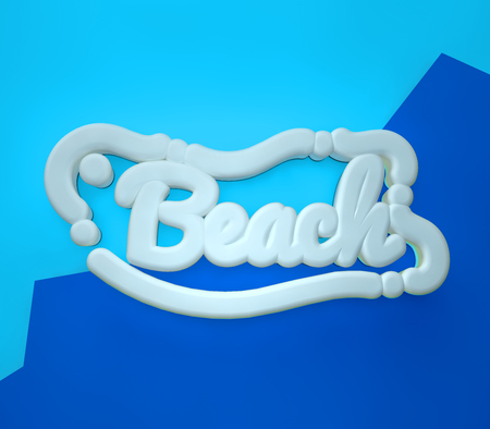 Beach 3D yellow wording on blue colors backgroundの写真素材