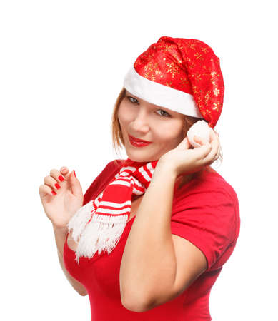 Young woman in new year or christmas suit smiling isolated on white backgroundの写真素材