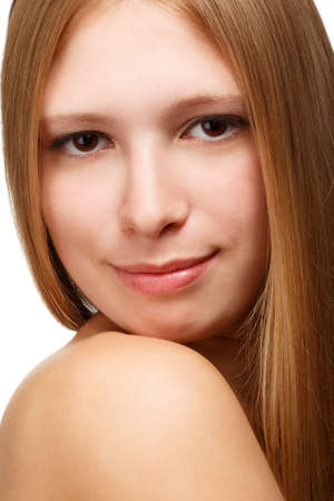 Young beautiful woman with long blond hair isolated on white background. Close-upの写真素材