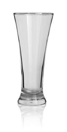 Empty beer glass standing isolated on white background with reflectionの写真素材