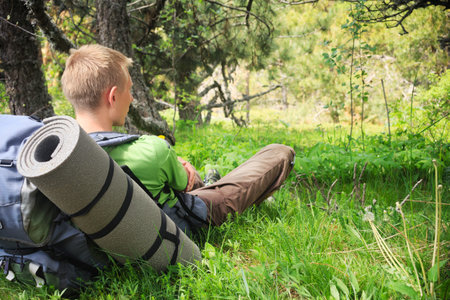 Man sits with backpack with a backpack and looking to deep forestの写真素材
