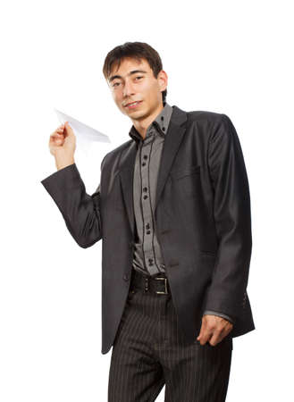 Businessman whit paper planes on white background. Concept of startup.の写真素材