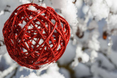 Red openworked wicker ball hanging on the branch on the background of winter forest. Close up.の写真素材