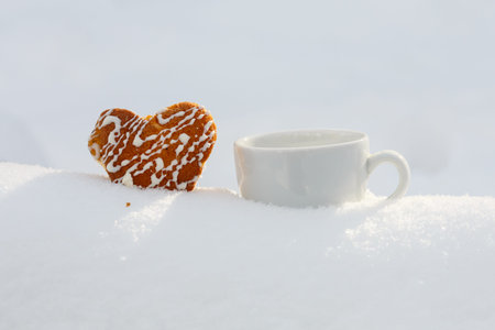 Beautiful biscuit heart shaped cookie with icing and white coffee cup stand in snowy forest.