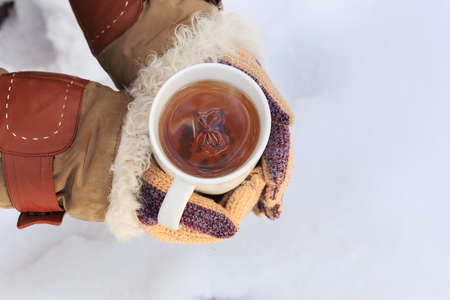 Female hands in knitted grey mittens hold white cup of black spicy tea with anisetree star. Top view.の写真素材