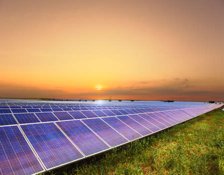 Solar panels under sunset summer sky on field of flowersの写真素材