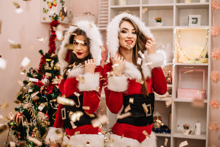 Santa girls. Full length studio shot of two sexy beautiful females in Santa Clausの写真素材