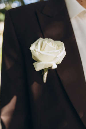 stylish boutonniere on the groom's jacket, wedding day, beautiful flower boutonniere, wedding conceptの写真素材
