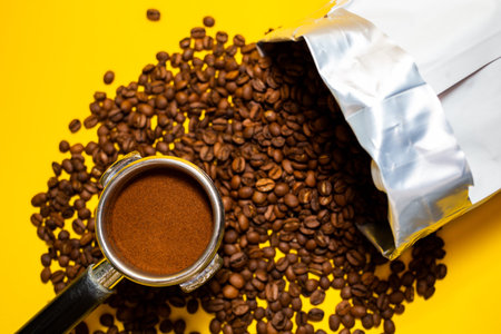 An open bag of fresh coffee beans. Holder filter with ground coffee for coffee machines. selective...