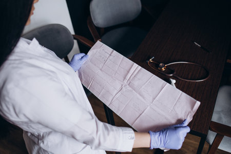 Heart cardiogram in the hands of a doctor close-up. Cardiologist is studying the testimony of an electrocardiograph.の写真素材
