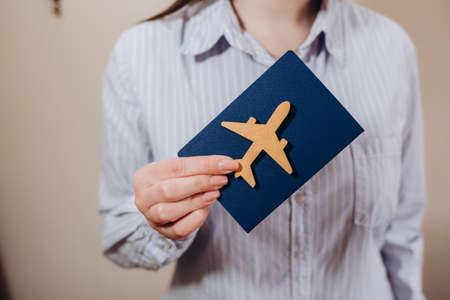 Toy plane on top of passport on blue copy spaceの写真素材