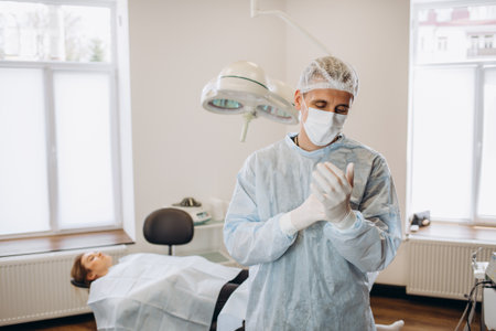 Doctor Surgeon putting on white sterilized surgical glove in hospital operating roomの写真素材