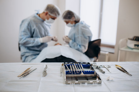 Close up of doctor hand holding forceps with tampon while surgeon and assistant performing plastic surgery on blurred background. Medical team using various surgical instruments in operating room.の写真素材