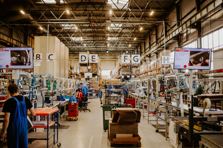 Automated workshop conveyor for production of glass lamps bulbs factory.の写真素材