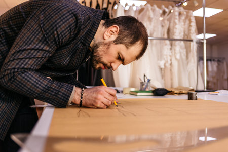 Young serious tailor with beard looking at drawing near wooden table with threads in amazing atelier...
