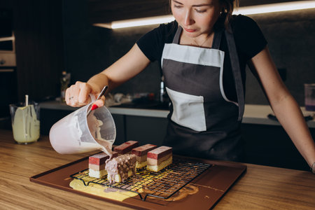Woman pouring cream on a plate of layered brown cake with raspberry on top