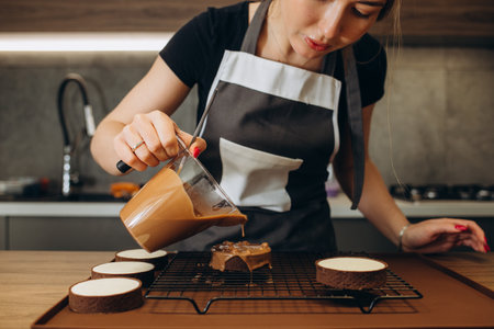 Smiling female confectioner pouring liquid chocolate gommage on biscuit cake. Woman chef in uniform at assembling mousse dessert processの写真素材