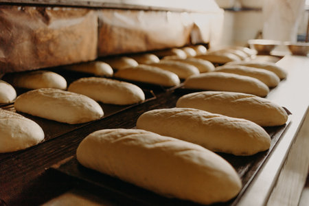 Baked Breads on the production line at the bakeryの写真素材