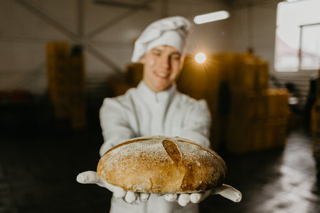 Young happy female worker in sterile cloths holding freshly baked cookies on tinplate inside food production factory.の写真素材