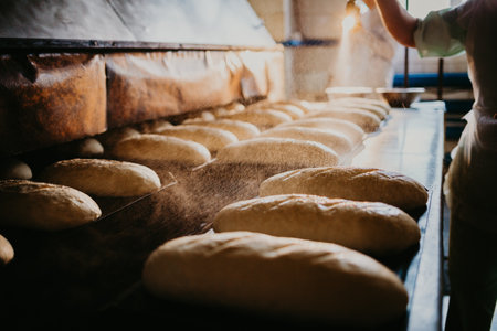 Freshly baked traditional bread on wooden tableの写真素材
