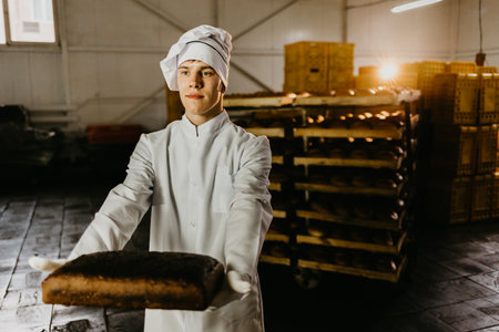 A baker holds a tray with fresh hot bread in his hands against the background of shelves with fresh bread in a bakery. industrial bread productionの写真素材