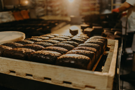 Freshly baked traditional bread on wooden tableの写真素材