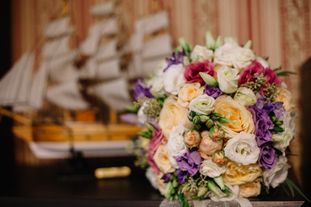 wedding bouquet on the ship's deckの写真素材