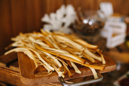 Beer Snack Mix with Dried Salted Seafood Top View and Flat Lay on Stone Table. Wine Snacks Buffet...