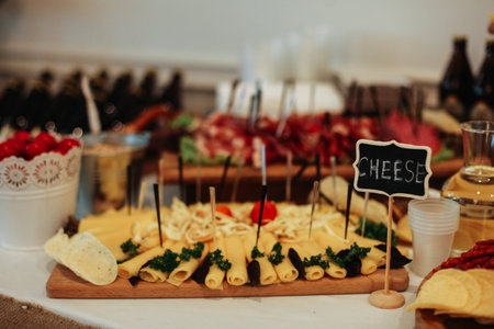 Variety of food grilled on wooden table, top view. Outdoor food conceptの写真素材