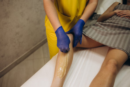 Beautician waxing female legs in spa center