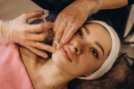 Close up of hands of cosmetologist making botox injection in female lips. She is holding a syringe. The young beautiful woman is receiving procedure with enjoymentの写真素材