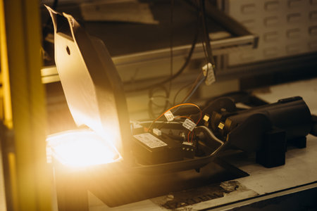 Hands of african man with electric screwdriver, working with electric sceme for LED lamps. He is sitting at his working table, wearing uniformの写真素材