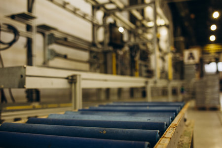 warehouse interior with shelves, pallets and boxesの写真素材