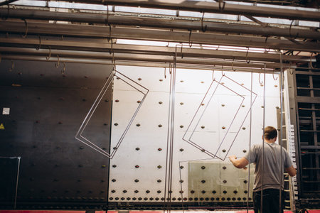 Workers transfer the glass. At the factory for the production of windows and doors of aluminum and PVCの写真素材