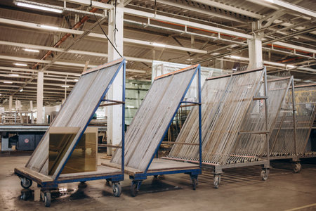 arrangement of large glass slices in a glass window manufacturing factory