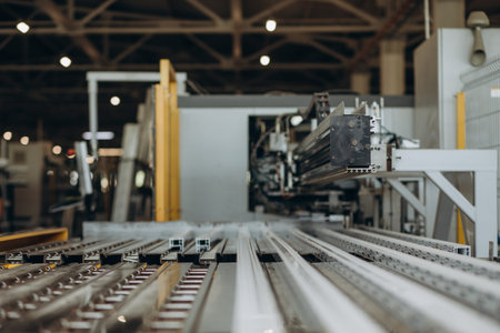 Conveyor belt for production a window pane. industrial equipment. background