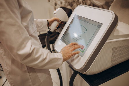Aesthetic body treatment. Close up back side portrait of cosmetologist adjusting settings on monitor...