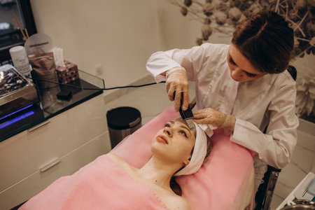 Woman is undergoing ultrasonic facial cleaning procedureの写真素材