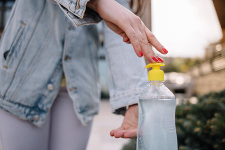 Women's hands using wash hand sanitizer gel pump dispenser.の写真素材