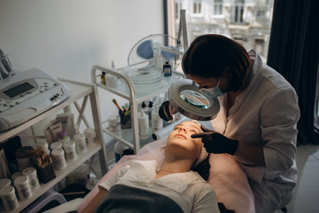 Middle-aged female cosmetician does eyebrows tweezing for elderly woman using special magnifying...