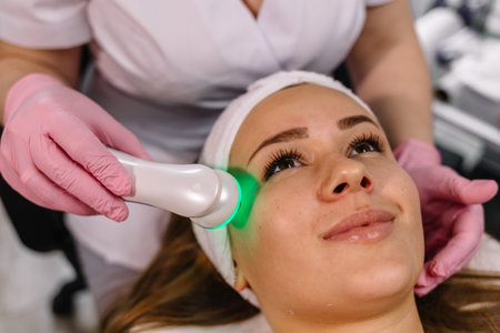 Woman getting laser and ultrasound face treatment in medical spa center, skin rejuvenation concept