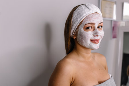 Face peeling mask, spa beauty treatment, skincare. Woman getting facial care by beautician at spa salonの写真素材