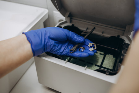 Close-up hands with gloves in the places medical autoclave for sterilizing surgical and dental instruments. Dentist assistant's hands get out sterilizing medical instruments from autoclave.の写真素材