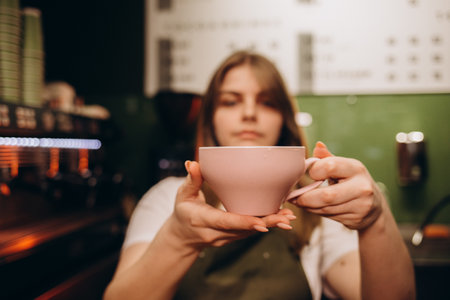Unrecognizable waitress holding a cup of latte with rosetta in cafe.の写真素材