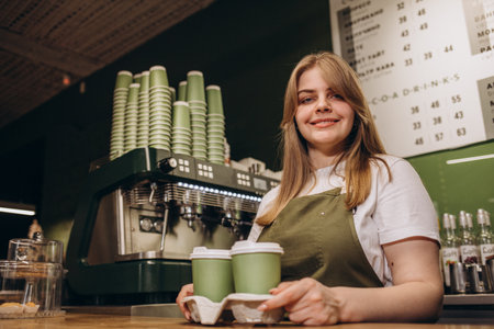 Female barista giving coffee in cardboard cupsの写真素材