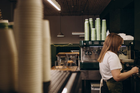 Beautiful barista makes espresso on a professional coffee maker in a cafe.の写真素材