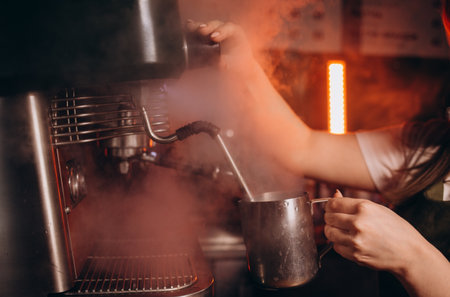 Coffee machine in steam, barista preparing coffee at cafe.の写真素材