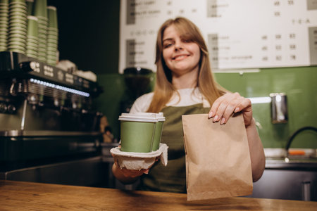 hot black coffee cup and dessert paper bag waiting for customer on counter in modern cafe coffee...